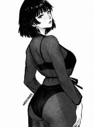 1girls artist_name ass back_to_viewer bob_cut bra curvy earrings fubuki_(one-punch_man) lingerie looking_over_shoulder missfaves monochrome one-punch_man panties see-through_clothing small_waist