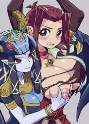 2girls akiza_izinski blush brown_eyes clothing duel_monster female grabbing_breasts huge_breasts izayoi_aki konami nervous nipples red_eyes red_hair reptilianne_melusine sweatdrop tied_hands torn_clothes wbsbism yu-gi-oh! yu-gi-oh!_5d's