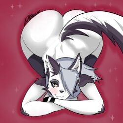 1:1 anthro anus ass blush breasts canid canid_demon canine demon female fur grey_body grey_fur hellhound helluva_boss hi_res loona_(helluva_boss) mammal marianart_1 mythological_canine mythological_creature mythology pose red_eyes shaded simple_background solo tail