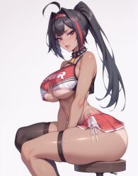 1girls ai_generated bay_(nikke) big_ass brown_eyes cheerleader dark_hair goddess_of_victory:_nikke hair_highlights large_breasts leg_stockings legwear lewdwaifulaifu long_hair looking_at_viewer looking_back looking_down ponytail sitting slim_waist thick_thighs underboob