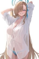 arms_behind_head asuna_(blue_archive) blue_archive blue_panties blush body_lines cleaning_&_clearing_(blue_archive) collared_shirt grin millennium_science_school_student no_bra panties rianya07 see-through see-through_clothing see-through_shirt smile white_shirt