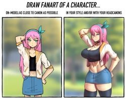 1girls accurate_art_style aged_up artstyle_imitation aubrey_(omori) big_breasts blue_eyes blue_ribbon breasts comparing crop_top english_text fit_female hourglass_figure jacket meme meme_template miniskirt nonosamu omori open_clothes pink_hair text thick_thighs thighhighs thighs