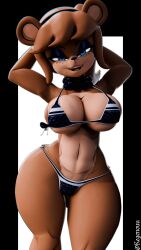 1girls 3d 3d_(artwork) alternate_version_available anthro anthro_only big_breasts bikini blue_eyes breasts brown_fur cleavage fazclaire's_nightclub female female_only five_nights_at_freddy's freckles freddy_(fnaf) fredina's_nightclub fredina_(cally3d) frenni frenni_(cryptia) frenni_fazclaire furry furry_only genderswap genderswap_(mtf) hands_behind_head hourglass_figure kegenouu looking_at_viewer open_mouth rule63 scottgames simple_background solo solo_female swimwear thick_thighs wide_hips