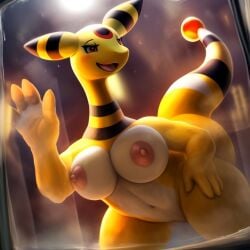 ai_generated ampharos belly_button breasts female female_only glass nipples pokemon pokemon_(species)