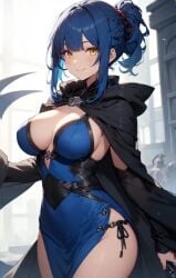 ai_generated bennia_orcus bladed_fingers blue_dress blue_hair breasts_covered cape clawed_fingers cleavage cloak high_school_dxd holding_weapon holding_weapons hood_down no_panties psychotic ribbon_in_hair smirk taser yellow_eyes