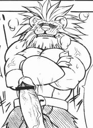 abs belt biceps big_muscles capcom censored claws clothed clothing crossed_arms erection feline humanoid_penis leo_(red_earth) lion loincloth male male_only mammal mayoineko monochrome muscular pecs penis red_earth simple_background solo teeth topless vein veiny_penis video_games white_background