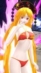 1girls 2023 3d 3d_(artwork) bikini cosmic_background crown deity energy golden_hair hati_yukkuri_mmd headwear junko_(touhou) legacy_of_lunatic_kingdom light-skinned_female long_hair_female looking_at_viewer mikumikudance mmd moon outside red_bikini red_eyes solo_female solo_focus space spirit stars swimsuit tails touhou uncanny_valley