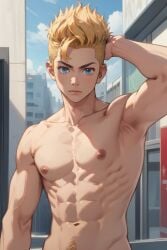 1boy abs ai_generated dvxxxgrai flexing male male_focus muscular muscular_male navel nipples pectorals pixai shirtless takemichi_hanagaki tokyo_revengers topless