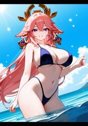 1girls ai ai_generated animal_ears belly_button big_breasts bikini bikini_bottom bikini_top bra clouds day female female_focus female_only fox_ears genshin_impact hourglass_figure huge_breasts light-skinned_female light_skin long_hair looking_at_viewer navel ocean pink_hair pink_nails purple_bikini purple_bikini_bottom purple_bikini_top purple_eyes revealing_swimsuit sky smiling smiling_at_viewer solo solo_female solo_focus standing standing_in_water summer sun swimsuit thong thong_bikini two_piece_swimsuit voluptuous voluptuous_female water wet wet_body yae_miko