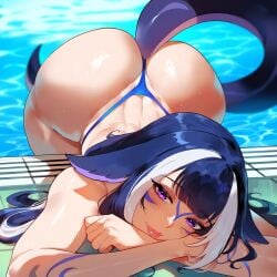 1girls ai_generated animal_ears ass ass_bigger_than_head ass_expansion ass_focus ass_up bikini bikini_bottom blue_hair blush blush_lines body_markings eyebrows eyebrows_visible_through_hair eyelashes female hi_res indie_virtual_youtuber large_ass large_breasts large_butt large_thighs lips looking_at_viewer miyuai nai_diffusion panties pool poolside purple_eyes shylily stable_diffusion tail thiccwithaq_(ai_style) thick thick_ass thick_hips thick_legs thick_tail thick_thighs thong top-down_bottom-up virtual_youtuber water wide_hips