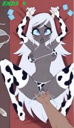 ai_generated cow_print_bikini emily_(hazbin_hotel) ends34 female female_ejaculation female_focus frog_pose grey_body hazbin_hotel lying lying_on_back masturbation