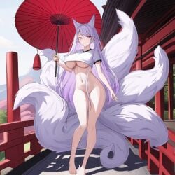 ai_generated big_breasts breasts fan_character female female_focus female_only fox fox_ears fox_girl fox_tail kitsune kitsunemimi large_boobs large_breasts long_hair multiple_tails nice_ass nine_tailed_fox nipples nude_female original original_character partially_clothed partially_nude perfect_body pussy sexykitsune solo_female tails thick_thighs umbrella white_hair