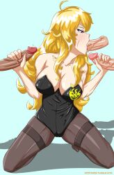 1girls 3boys blonde_female blonde_hair blowjob bunnysuit cleavage double_handjob fellatio handjob icesticker long_hair long_hair_female rwby yang_xiao_long