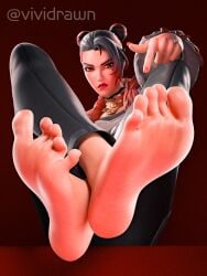 angry_expression beauty_mark choker clothed clothed_female clothing feet feet_focus female female_only foot_fetish fortnite fully_clothed fully_clothed_female looking_at_viewer multicolored_hair necklace no_shoes pointing_at_foot red_eyes shiny shiny_skin solo solo_female valeria_(fortnite) vividrawn