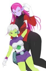 2girls alien alien_girl alien_humanoid belt big_breasts breast_press breasts cheelai clothed clothing cocotte dragon_ball dragon_ball_super duo duo_focus earrings female female_focus female_only gloves green-tinted_eyewear green_eyes green_skin jumpsuit long_hair looking_at_viewer pointy_ears purple_eyes purple_hair purple_skin pussy_outline scouter short_hair shorts size_difference small_breasts smile smiling smiling_at_viewer sombra222 tight_clothing tinted_eyewear white_hair