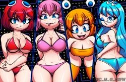 big_breasts big_butt bikini blinky_(pac-man) blue_eyes blue_hair breasts c_m_g_nsfw clyde_(pac-man) ghost ghost_girl inky_(pac-man) legs orange_hair pac-man_(series) pac-man_ghost_dance_(minus8) pink_hair pinky_(pac-man) red_hair skyblue_hair smile thick_thighs thighs white_skin