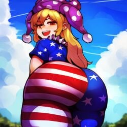 >:d 1girls ai_generated american_flag_legwear american_flag_shirt artstyle_imitation ass blonde_hair cloud clownpiece curvy from_behind huge_ass jester_hat looking_at_viewer looking_back looking_down nai_diffusion naughty_face ohhai223 open_mouth outdoors red_eyes self_upload sky smug touhou