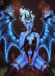 1boy 1girls ai_generated cowgirl_position dark-skinned_male dota dota_2 finger_in_mouth handjob minority penis queen_of_pain succubus wings