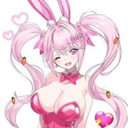 1girls alice_(nikke) alice_(wonderland_bunny)_(nikke) breasts bunny_ears bunny_girl bunnysuit cleavage close-up female_only goddess_of_victory:_nikke one_eye_closed open_mouth pink_eyes pink_hair twintails upper_teeth white_background wink