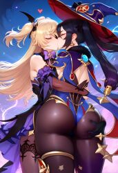 2girls ai_generated ass ass_grab big_ass big_butt blonde_hair bubble_ass bubble_butt closed_eyes female female_only fischl_(genshin_impact) genshin_impact grabbing_another's_ass grabbing_ass high_heels huge_ass kissing mona_(genshin_impact) multiple_girls pantyhose purple_hair rear_view shiny_clothes shiny_pantyhose stable_diffusion twintails wide_hips yuri