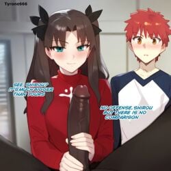 1girls 2boys ai_generated blush cuck cuckold cuckolding dark-skinned_male dark_skin emiya_shirou english_text ezzezezz fate_(series) female human humiliation interracial light-skinned_female light-skinned_male male multiple_boys penis small_penis_humiliation text tohsaka_rin tyrone666