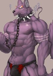 abs biceps big_muscles black_nose bulge canine captainjohkid chains clothed clothing collar colored flakjacket0204 fur grey_background hi_res japanese_text leash male male_only mammal muscular pecs purple_fur red_eyes simple_background solo speedo standing swimsuit text topless wolf