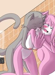 2013 aeris_(vg_cats) blue_eyes blush breasts closed_eyes duo feline female fur grey_fur leo_(vg_cats) male mammal nekoru nipples nude sex straight vg_cats webcomic