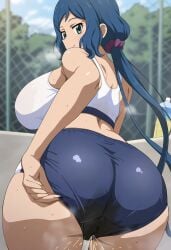 ai_generated bare_legs big_breasts big_butt blue_eyes blue_hair dat_ass fat_ass gigantic_ass golden_shower gundam_build_fighters gym_clothes gym_uniform huge_breasts huge_thighs in_search_of_holy_water iori_rinko light-skinned_female light_skin long_hair looking_back massive_ass massive_breasts mature_female milf peeing ponytail smiling solo_female squatting sweat sweatdrop thick_thighs thighs urinating urinating_female urination urine voluptuous voluptuous_female