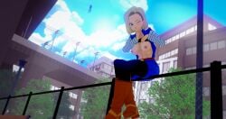 3d 3d_(artwork) 3d_model ambiguous_pov android android_17 android_18 cityscape cute_female dangerous dominant_female dragon_ball dragon_ball_super dragon_ball_z flashing_at_viewer flashing_breasts flirting flirting_with_viewer flying having_fun highres kaio-sheeen koikatsu looking_at_viewer perky_breasts perky_nipples pov secretly_loves_it shushing sitting_on_fence sneaky stranger strong_woman tempting_fate winking winking_at_viewer