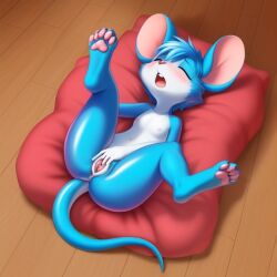 ai_generated anthro blue_fur blue_hair blush closed_eyes female furry mouse mouse_ears orgasm pussy shiny_skin small_breasts tail tiny_nipples