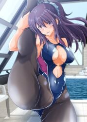 alice_gear_aegis ass_visible_through_thighs blush cameltoe_leggings competition_swimsuit crying cutout huge_ass huge_thighs large_breasts navel_visible_through_clothes nipple_bulge one-piece_swimsuit pantyhose standing_on_one_leg standing_split swimming_pool tears thick_thighs wide_hips