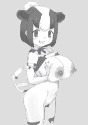 absurdres animal_ears animal_print bell black_hair blush bow bowtie breasts clothes_lift cow_ears cow_girl cow_print cow_tail elbow_gloves female female_pubic_hair gloves greyscale highres holstein_friesian_cattle_(kemono_friends) huge_breasts kemono_friends kemono_friends_3 masuyama_ryou monochrome multicolored_hair navel nipples open_mouth pubic_hair shirt shirt_lift short_hair smile solo tail two-tone_hair white_hair