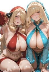 2girls ai_generated blonde_hair breasts cleavage cynthia_(pokemon) dancer_outfit female flyingpancake game_freak green_eyes hair_over_one_eye huge_breasts light-skinned_female light_skin long_hair lusamine_(pokemon) mature_female milf mother naughty_face nintendo pokemon pokemon_dppt pokemon_sm