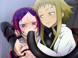 2girls angry areolae armpits arms_behind_head assisted_rape bi_domination black_nails blonde_hair blush breast_press breasts censored cum cum_on_breasts earrings fellatio female_assisted_rape gorgon_sisters highres ice_place incest large_breasts long_hair long_sleeves looking_at_another looking_at_viewer medusa_gorgon mosaic_censoring multicolored_eyes multicolored_hair multiple_girls nail_polish nipple_tweak nipples oral raised_eyebrows rape shaula_gorgon short_hair siblings sisters smile soul_eater soul_eater_not! sweat tentacle upper_body yellow_eyes