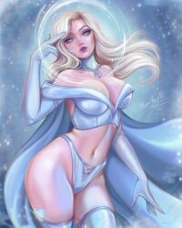 blackfury blonde_female blonde_hair blue_eyes breasts cape cleavage collar corset digital_drawing_(artwork) digital_media_(artwork) emma_frost female female_only fully_clothed hellfire_club large_breasts marvel marvel_comics opera_gloves panties posture_collar revealing_clothes stockings telepath thighhighs white_queen x-men