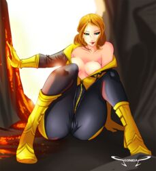 amara_aquilla arm_support blonde_hair blue_eyes bodysuit boots breasts female gloves magma_(x-men) marvel new_mutants nipples off_shoulder open_clothes seonidas short_hair sitting solo unzipped x-men