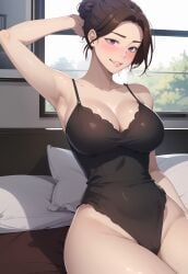 ai_generated alex-schura alex_schura armpits bedroom big_breasts brown_eyes brown_hair busty curvaceous curvaceous_body curvaceous_female curvy curvy_body curvy_female eun-ae_june_(secret_class) hair_tied hi_res light_blush lingerie manhwa mature mature_female mature_woman milf one-piece_swimsuit one_arm_up outside_view picture_frame pillow purple_eyes secret_class smile stable_diffusion tree window