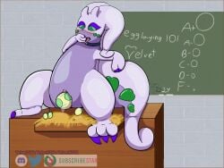 3_toes antennae_(anatomy) blush blush_lines chalk chalkboard clawed_fingers claws digital_media_(artwork) egg egg_laying feet finger_claws goodra green_eyes heart_symbol hi_res horn nest nintendo pokémon_(species) pokemon pokemon_(species) pokemon_egg purple_body snaggle_tooth tail teacher teaching toe_claws toes tongue tongue_out velvet706 velvet_the_gooey_dragon