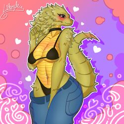 1girls bikini black_bikini blush breasts female female_focus hearts_around_body jeans litonyle lizard lizard_girl lizard_humanoid lizard_tail non-mammal_breasts solo sweaty_body sweaty_butt thick_ass thick_female thick_thighs thighs