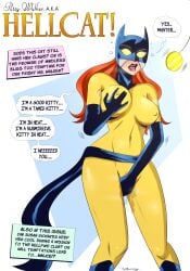 1girls big_breasts breast_grab breasts dialogue drooling female grabbing_own_breast hellcat hellcat_(marvel) hypnosis marvel marvel_comics masturbation mind_control nipple_bulge open_mouth patsy_walker polmanning pussy_juice red_hair saliva spiral_eyes text