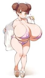 bikini bikini_top breasts_bigger_than_head brown_hair fujinoki_nene gigantic_breasts hair_bun hair_ornament hajimete_no_gal light-skinned_female light_skin massive_breasts mimiru_(mimiru6969) platform_footwear shortstack thick_female thick_thighs thighs top_heavy yellow_eyes