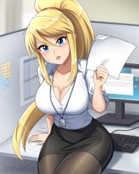 1girls artist_name bangs big_breasts blonde_hair blue_hair blush breasts canadiananiguy cleavage computer_monitor cubicle dress_shirt english_text female fully_clothed hi_res high_ponytail indoors keyboard lanyard long_hair long_ponytail looking_at_viewer metroid nintendo office office_lady open_mouth pencil_skirt ponytail samus_aran sidelocks sitting skirt solo tights very_long_hair