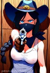 1girls ai_generated aiming_at_viewer angry bandana bare_arms black_hair blue_eyes braid braided_hair breasts cleavage cowboy_hat crazy_eyes criminal evil_eyes gloves gun holding_gun long_hair looking_at_viewer medium_breasts mouth_mask nipples obscured_face original original_character revolver robbery see-through see-through_clothing standing tank_top white_shirt white_tank_top wild_west yeyehuh