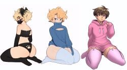 3boys 3femboys :3 anime_dork_boyfriend_meme black_thighhighs blonde_hair blue_eyes blue_thighhighs brown_eyes brown_hair cat_ears cat_thighighs caughtpoe choker collage crossover dark-skinned_femboy edit edited face_mask femboy_only looking_at_another looking_at_viewer ms_pigtails pink_hoodie pink_thighhighs sergey_sokolov sitting_on_knees sky_guy skyguyart thick_thighs thighhighs third-party_edit turtleneck_sweater