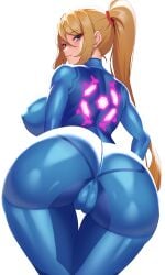 1girls alternate_version_available ass big_breasts black_background blonde_hair blue_eyes bodysuit breasts cameltoe covered_nipples cowboy_shot erect_nipples eyebrows_visible_through_hair hi_res huge_ass leaning_forward long_hair looking_at_viewer looking_back metroid nintendo ponytail samus_aran sidelocks simple_background skintight solo standing thigh_gap very_long_hair volyz zero_suit zero_suit_samus