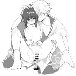 2boys aged_down bar_censor blush breath cum cum_in_ass cum_inside erection femboy flaccid gay gintama gintoki_sakata hand_on_another's_head japanese_clothes katsura_kotarou kimono long_hair_male male male_only mew_(pixiv) monochrome open_clothes penis small_penis spread_legs tears trap twink yaoi