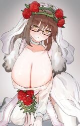 1girls big_breasts blush brown_hair clothed flower glasses gregor_(limbus_company) kikkoinu limbus_company looking_at_viewer nipples_visible_through_clothing open_clothes open_mouth presenting project_moon rule_63 solo stockings thick_thighs wedding_dress yellow_eyes