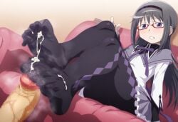 1boy 1girls 2024 ai_generated akemi_homura akemi_moemura artist_request black_hair black_panties blush blush_lines blushing censored female foot_fetish foot_focus footjob glasses human human_only long_hair magia_record:_mahou_shoujo_madoka_magica_gaiden magical_girl mahou_shoujo_madoka_magica male not_furry panties pantyhose penis penis_grab puella_magi_madoka_magica red_glasses smile smiling soles toes very_long_hair white_skin white_skinned_female