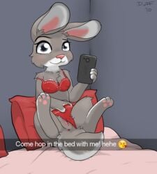 bed bra cellphone disney dunewulff erect_nipples female grey_eyes judy_hopps medium_breasts panties panties_aside phone pillow presenting pussy text underwear zootopia