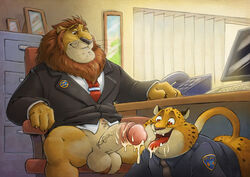 2boys balls benjamin_clawhauser bottomless cheetah clothed clothing cum cum_in_mouth cum_inside cum_on_face cum_on_tongue cumshot disney duo feline furryrevolution gay inside leodore_lionheart lion male male_only mammal oral orgasm penis police retracted_foreskin tongue uncut yaoi zootopia